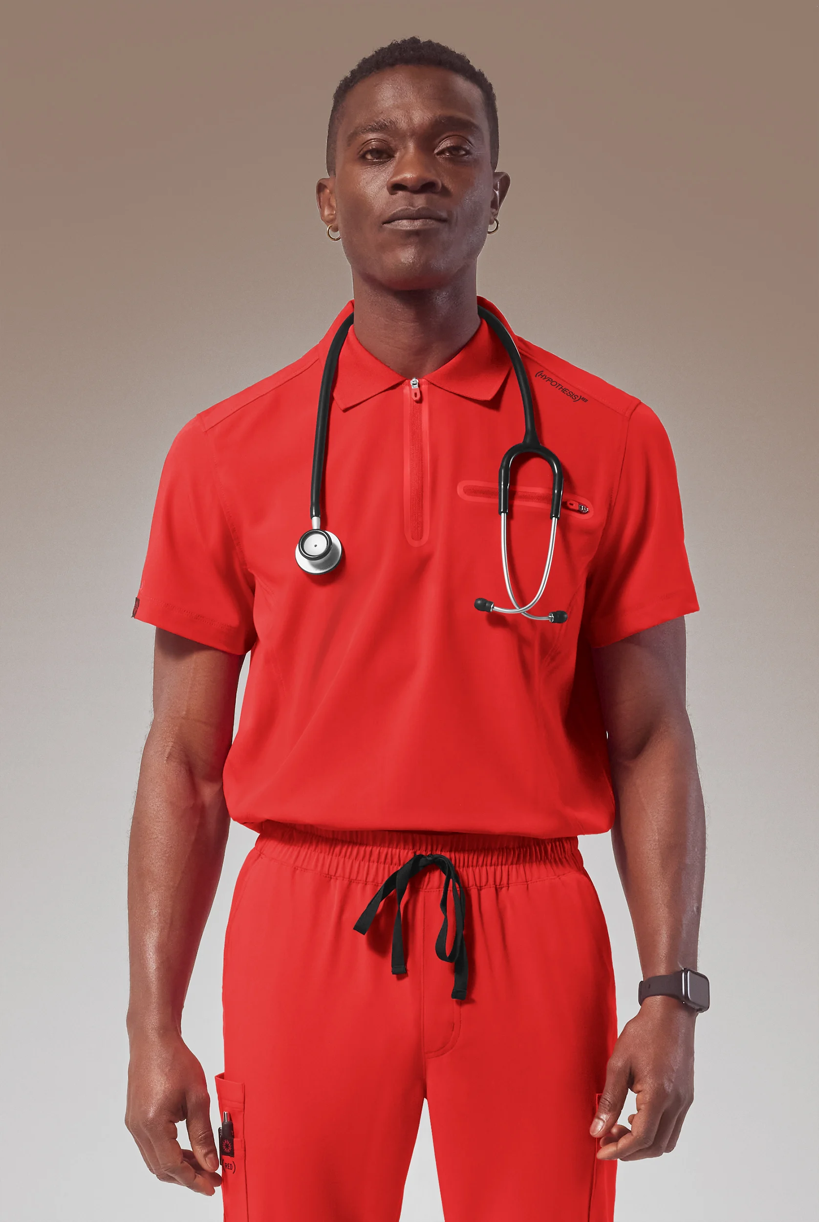 Hypothesis (RED) Alpha System Men&rsquo;s 1-Pocket Zip Placket Polo Scrub Top