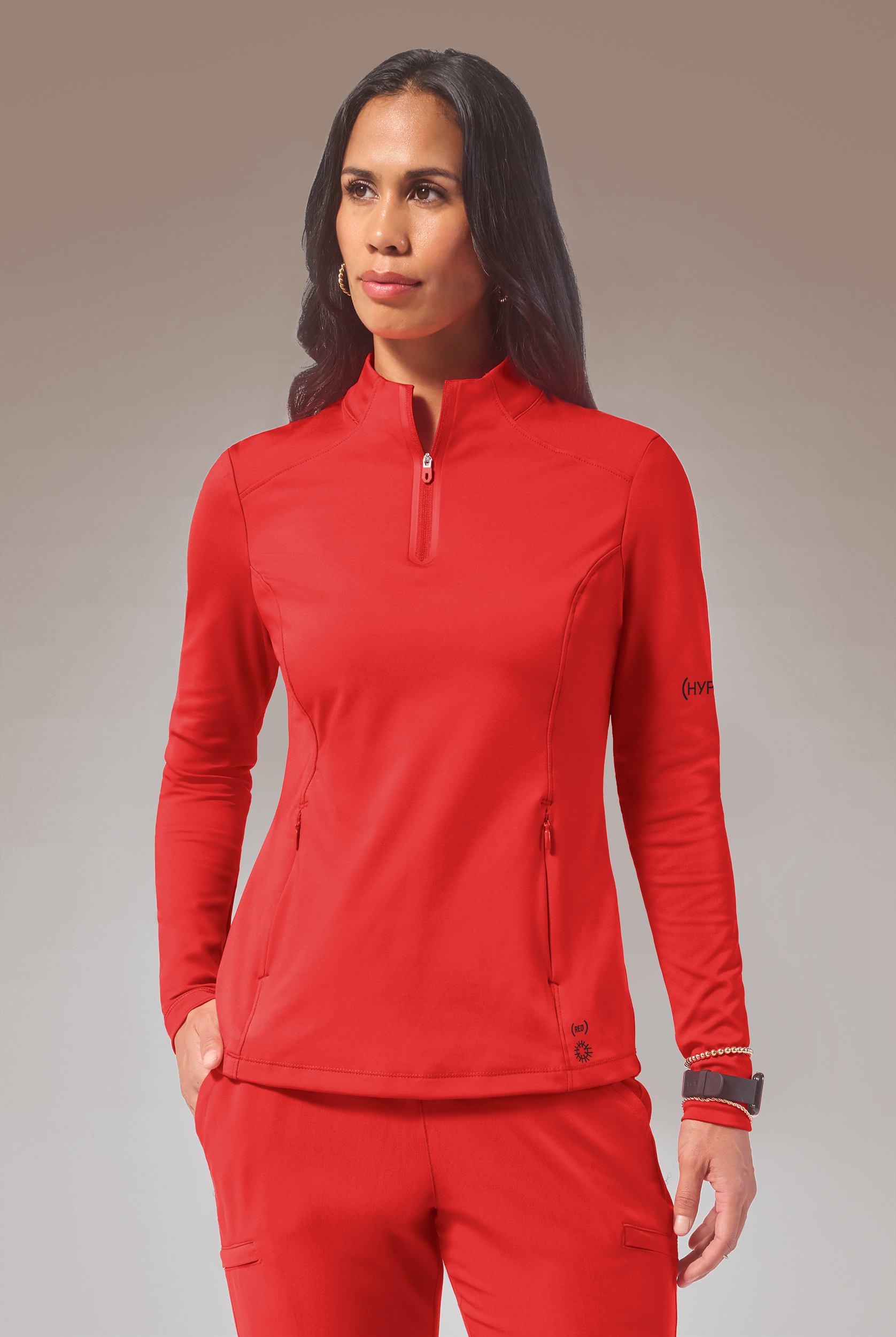Hypothesis (RED) Omni Base K Women’s 3-Pocket Knit Long Sleeve Zip Neck Scrub Top